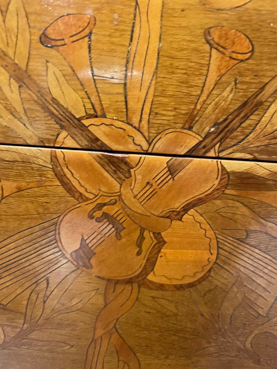 Transition Style Commode In Marquetry With Musical Instruments-photo-2